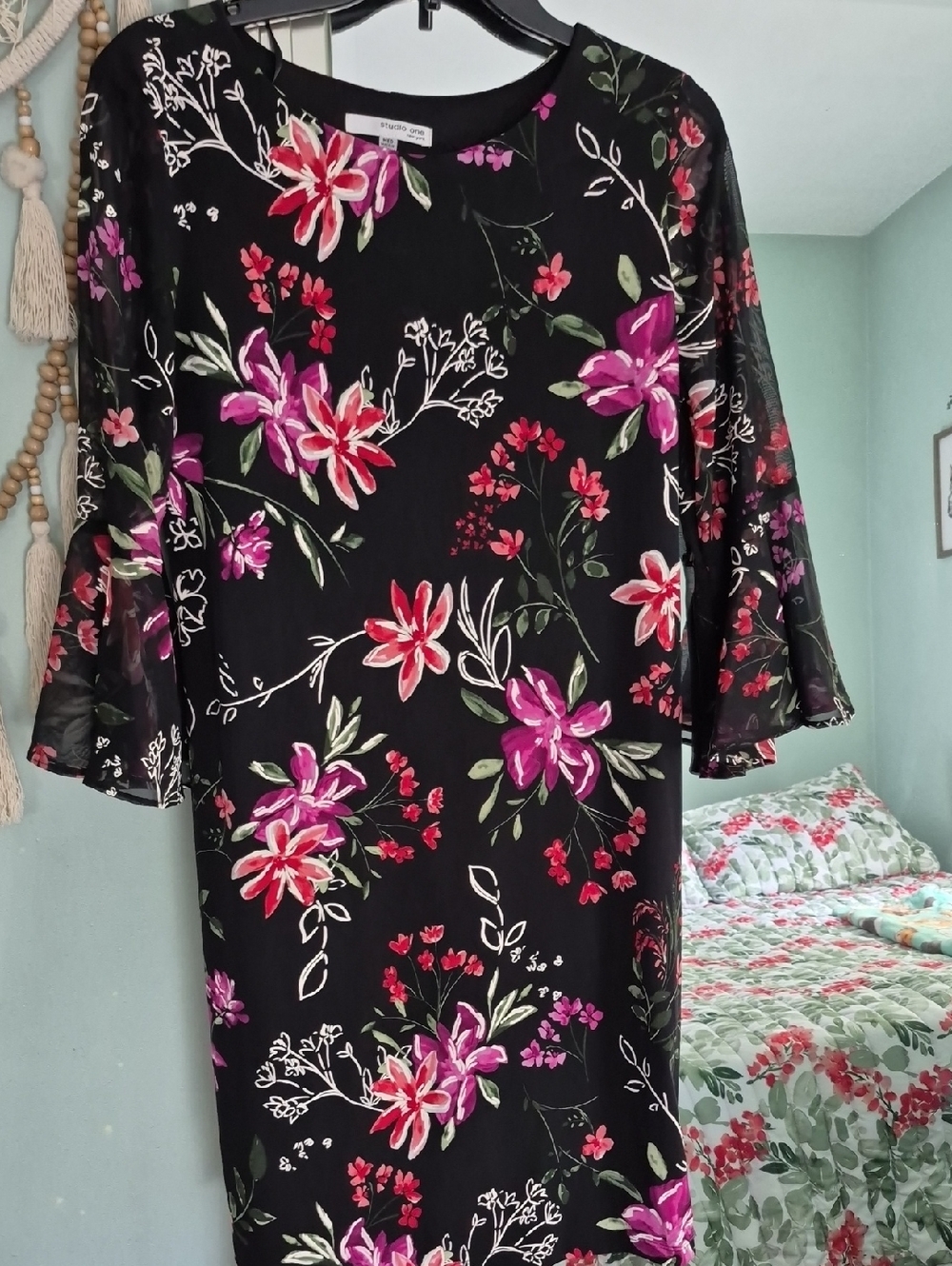 Floral Black Shift Dress with Pink & Red Blooms